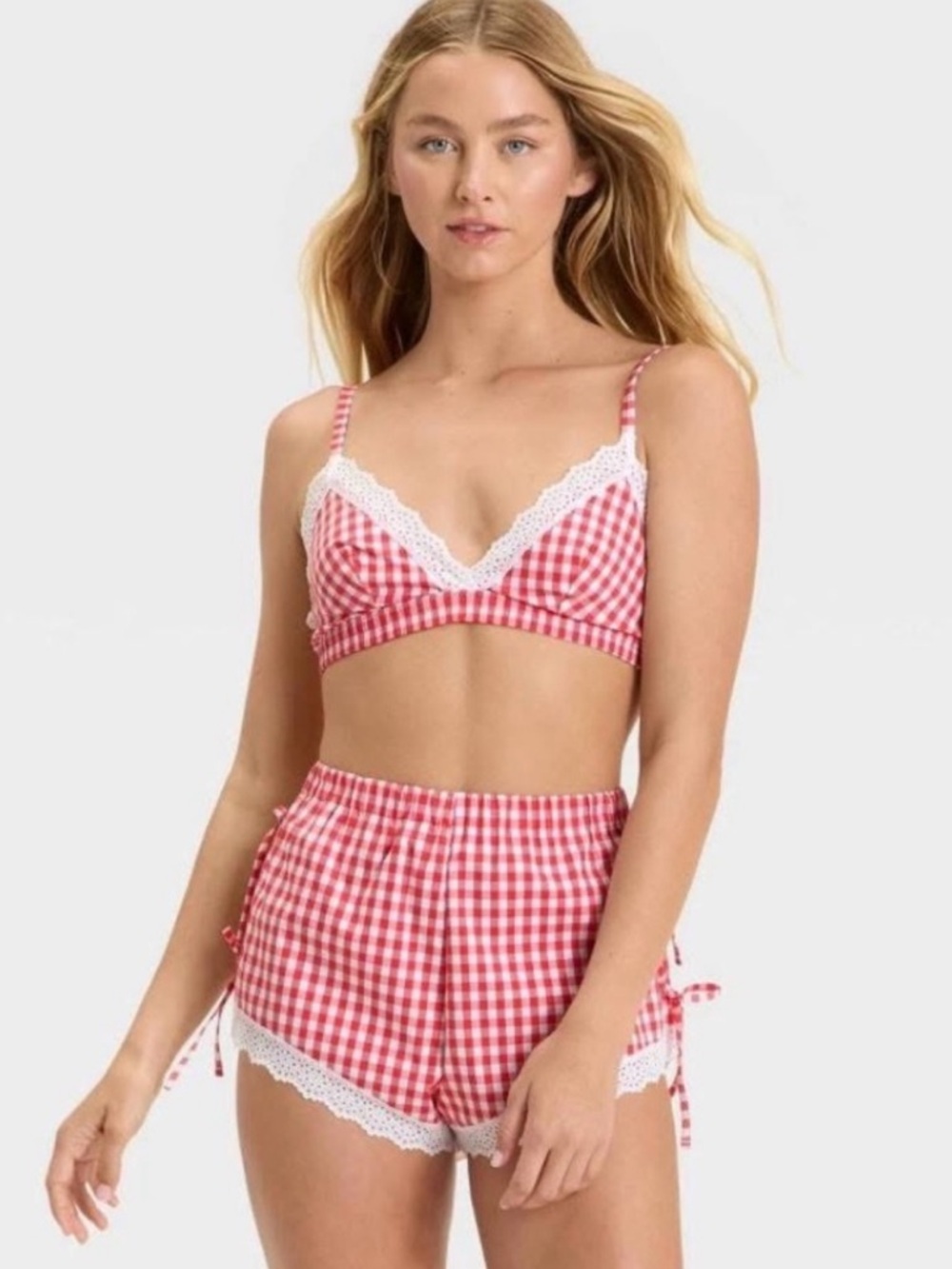 Closie NWT Red Gingham Lace Trim Bralette & Shorts Set Size M